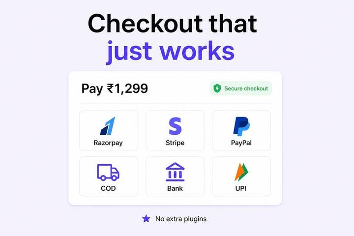 Online checkout with Razorpay, Stripe, PayPal, and cash on delivery