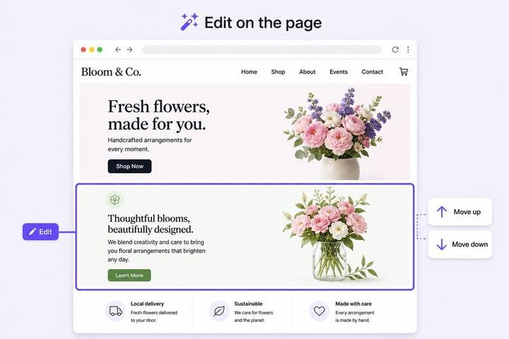Visual editor with move up and move down controls on a live site preview